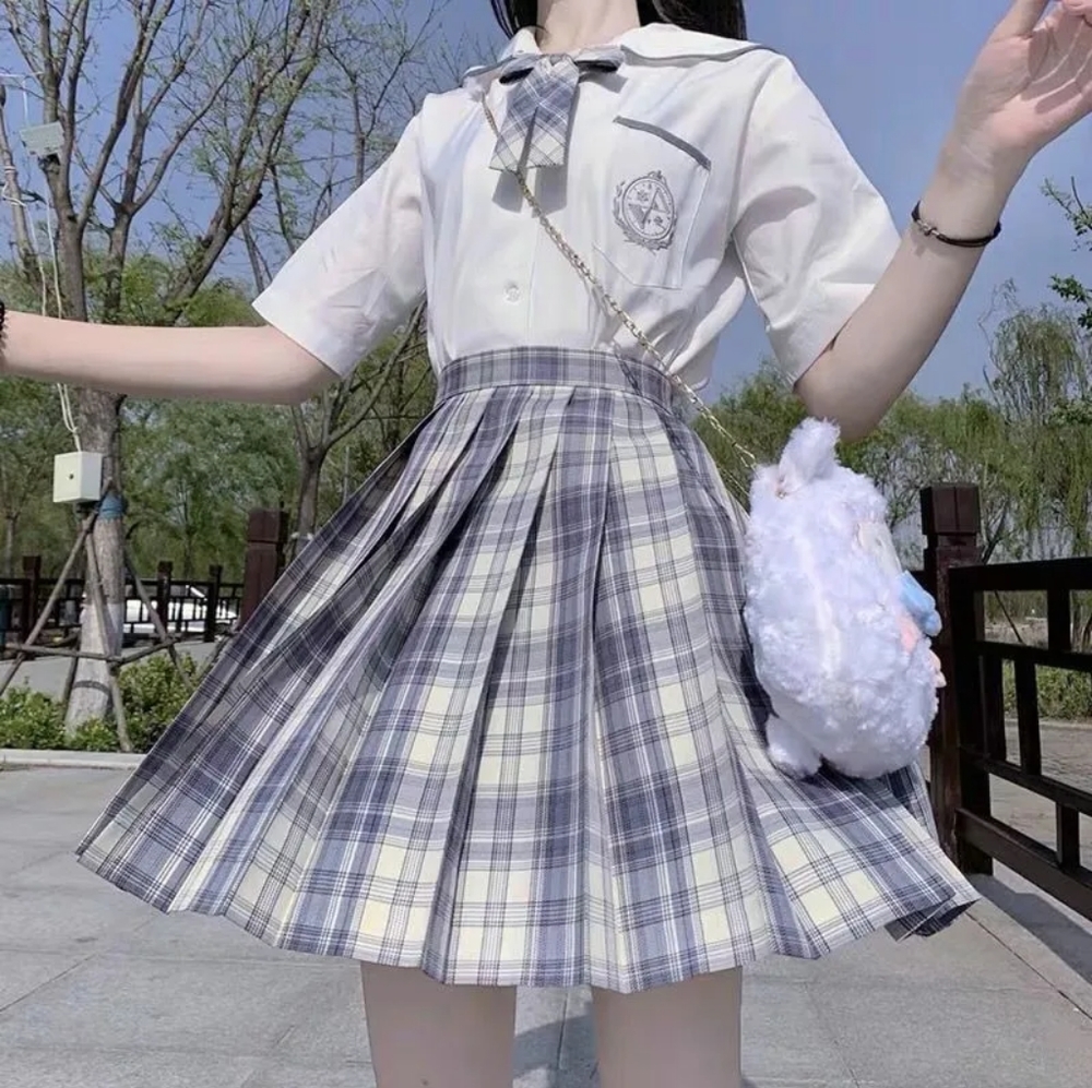 High Waist Pleated Skirt Blue and White S